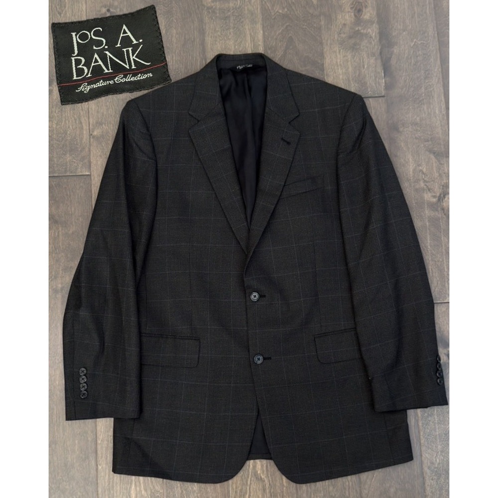 Jos A Bank Mens 42L Wool Black Olive Check Windowpane Blazer Two Button Jacket